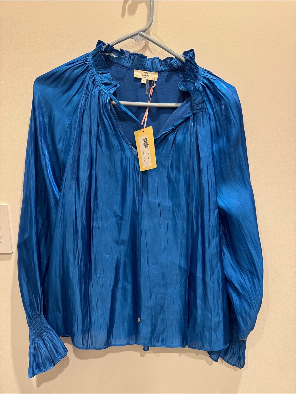 Entro Royal Blue Satin Ruffle-Neck Blouse